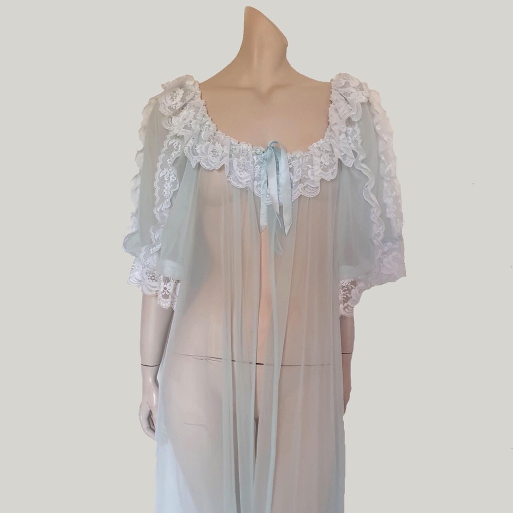 Sheer Lace-Trim Peignoir Robe in Pale Blue